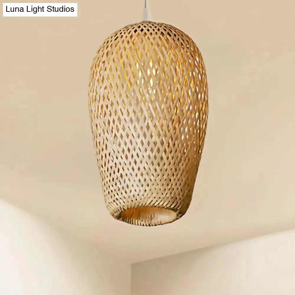 Bamboo 1-Light Pendant Lamp: Lodge Style Woven Shade, Kitchen Suspension Lighting in Yellow (9"/10" Wide)