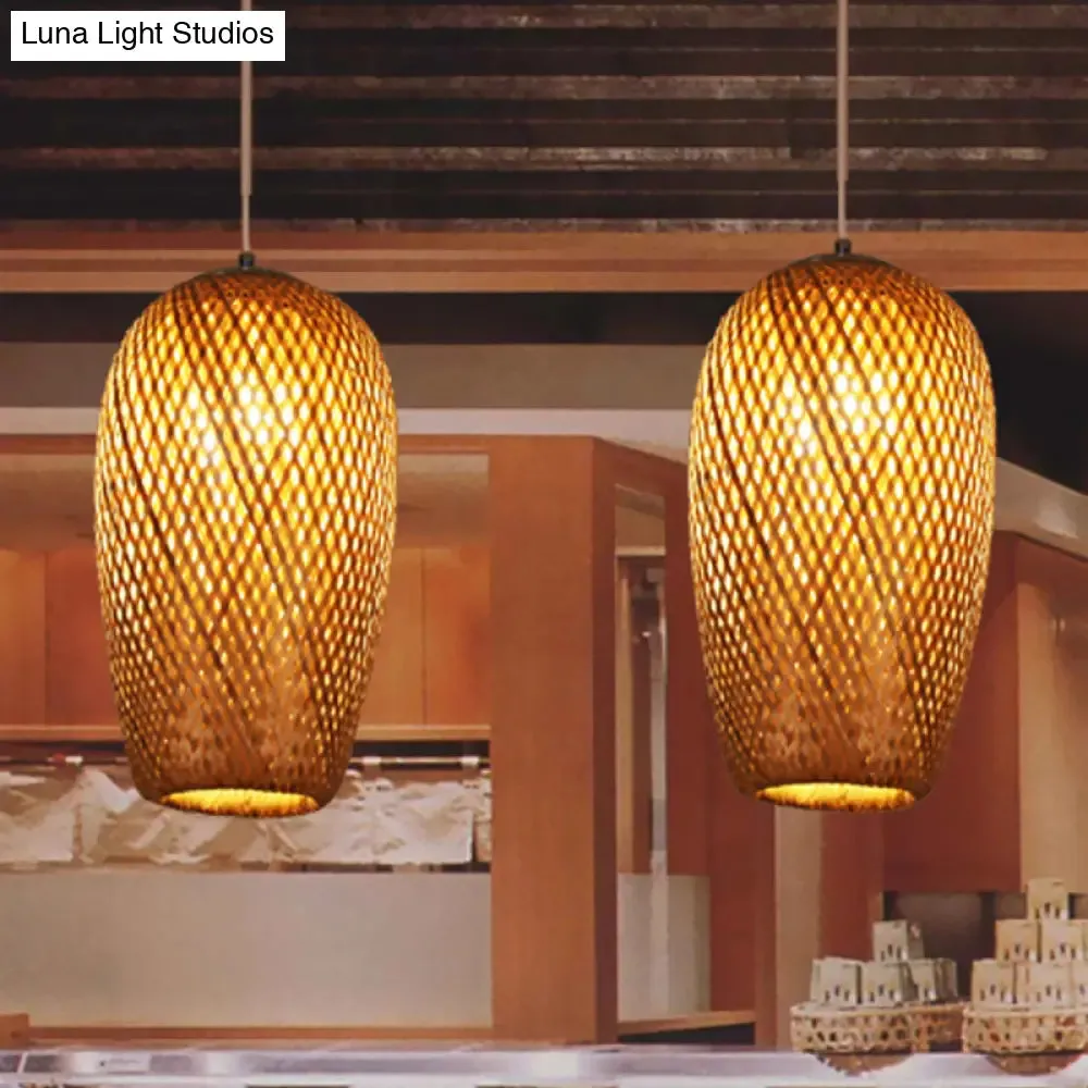 Bamboo 1-Light Pendant Lamp: Lodge Style Woven Shade, Kitchen Suspension Lighting in Yellow (9"/10" Wide)