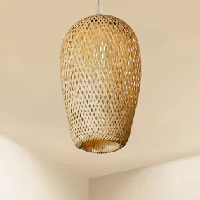 Bamboo 1-Light Pendant Lamp: Lodge Style Woven Shade, Kitchen Suspension Lighting in Yellow (9"/10" Wide)