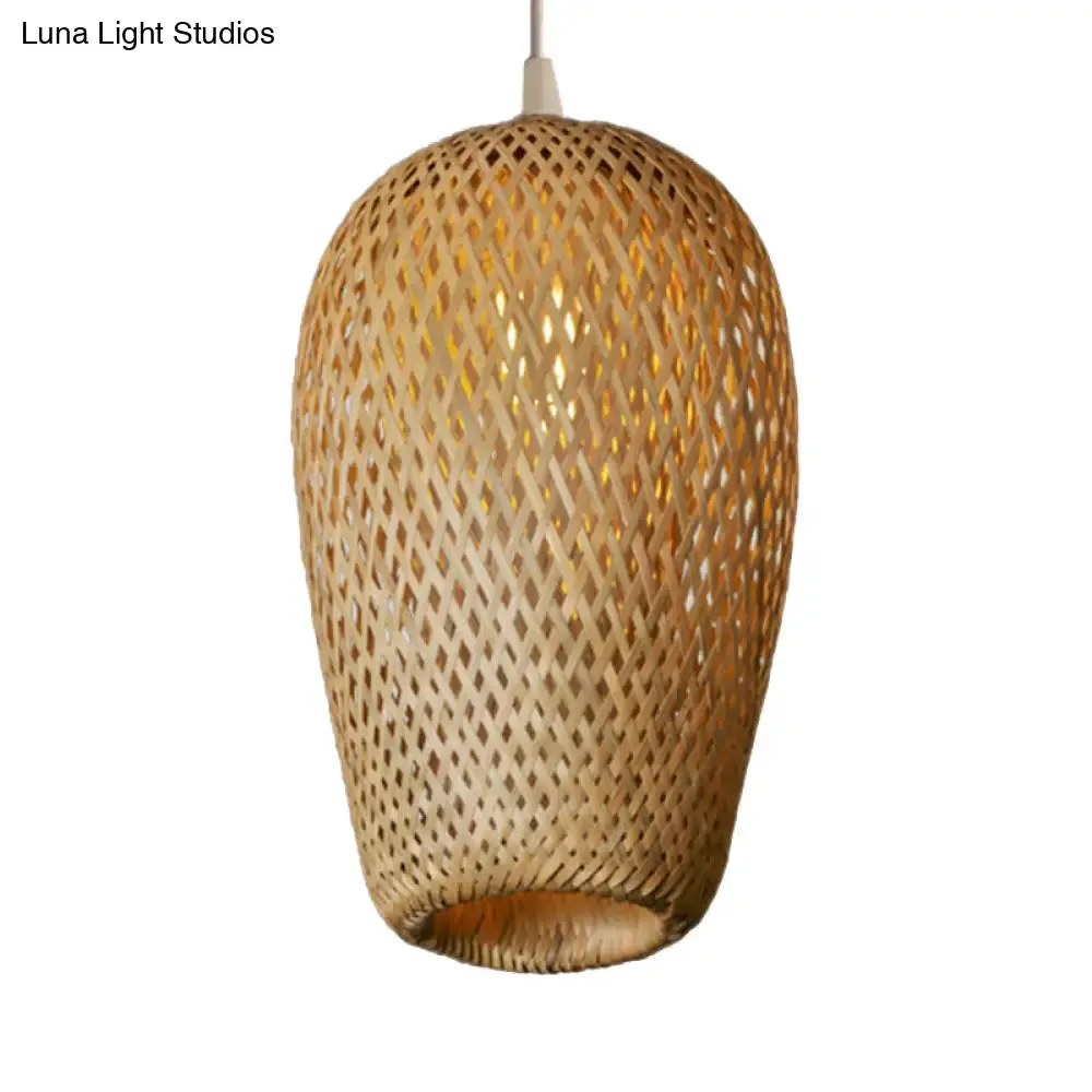 Bamboo 1-Light Pendant Lamp: Lodge Style Woven Shade, Kitchen Suspension Lighting in Yellow (9"/10" Wide)