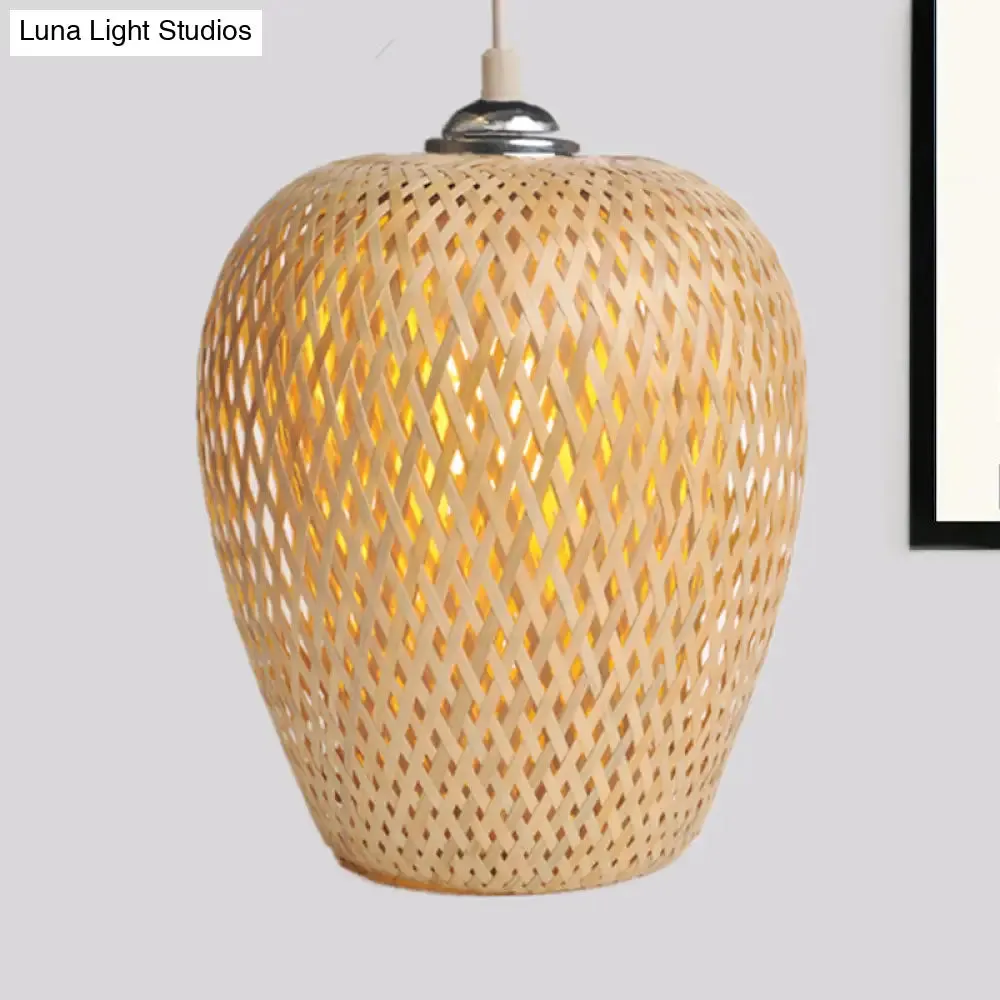 Bamboo 1-Light Pendant Lamp: Lodge Style Woven Shade, Kitchen Suspension Lighting in Yellow (9"/10" Wide)
