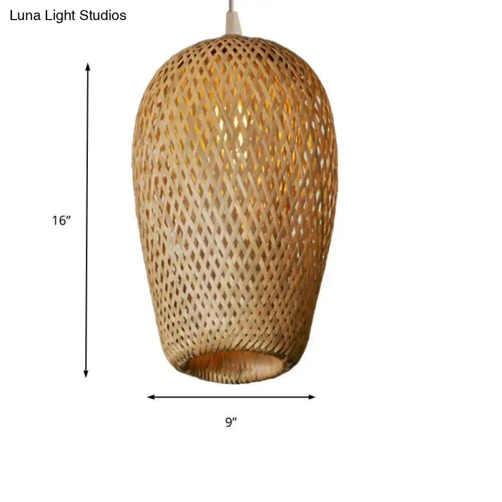 Bamboo 1-Light Pendant Lamp: Lodge Style Woven Shade, Kitchen Suspension Lighting in Yellow (9"/10" Wide)