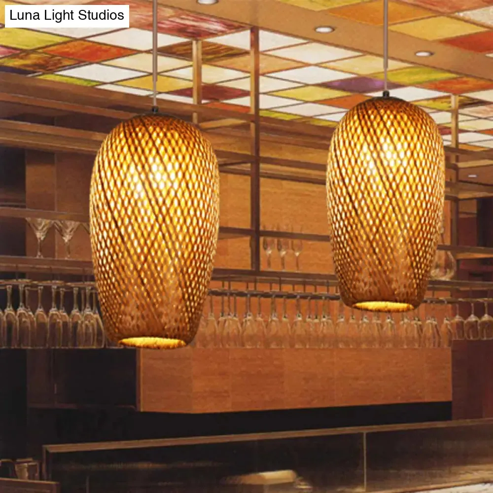 Bamboo 1-Light Pendant Lamp: Lodge Style Woven Shade, Kitchen Suspension Lighting in Yellow (9"/10" Wide)