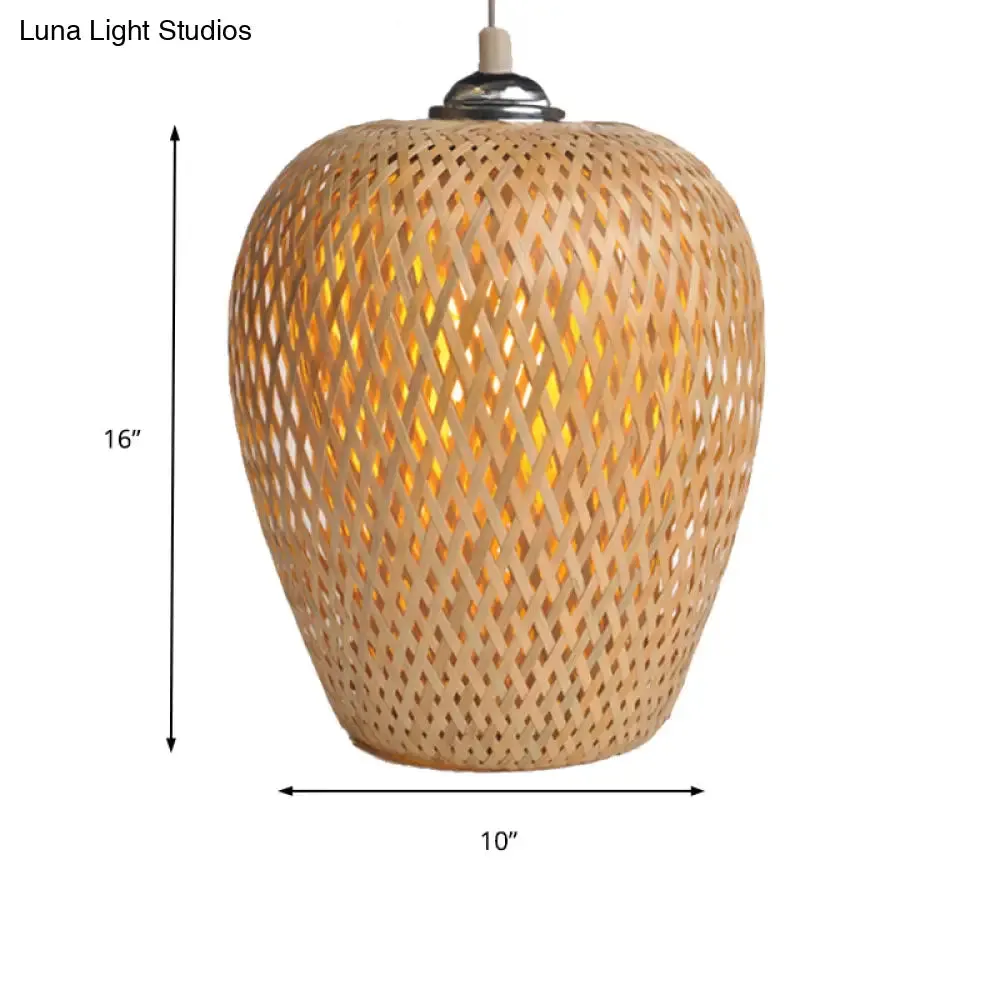 Bamboo 1-Light Pendant Lamp: Lodge Style Woven Shade, Kitchen Suspension Lighting in Yellow (9"/10" Wide)