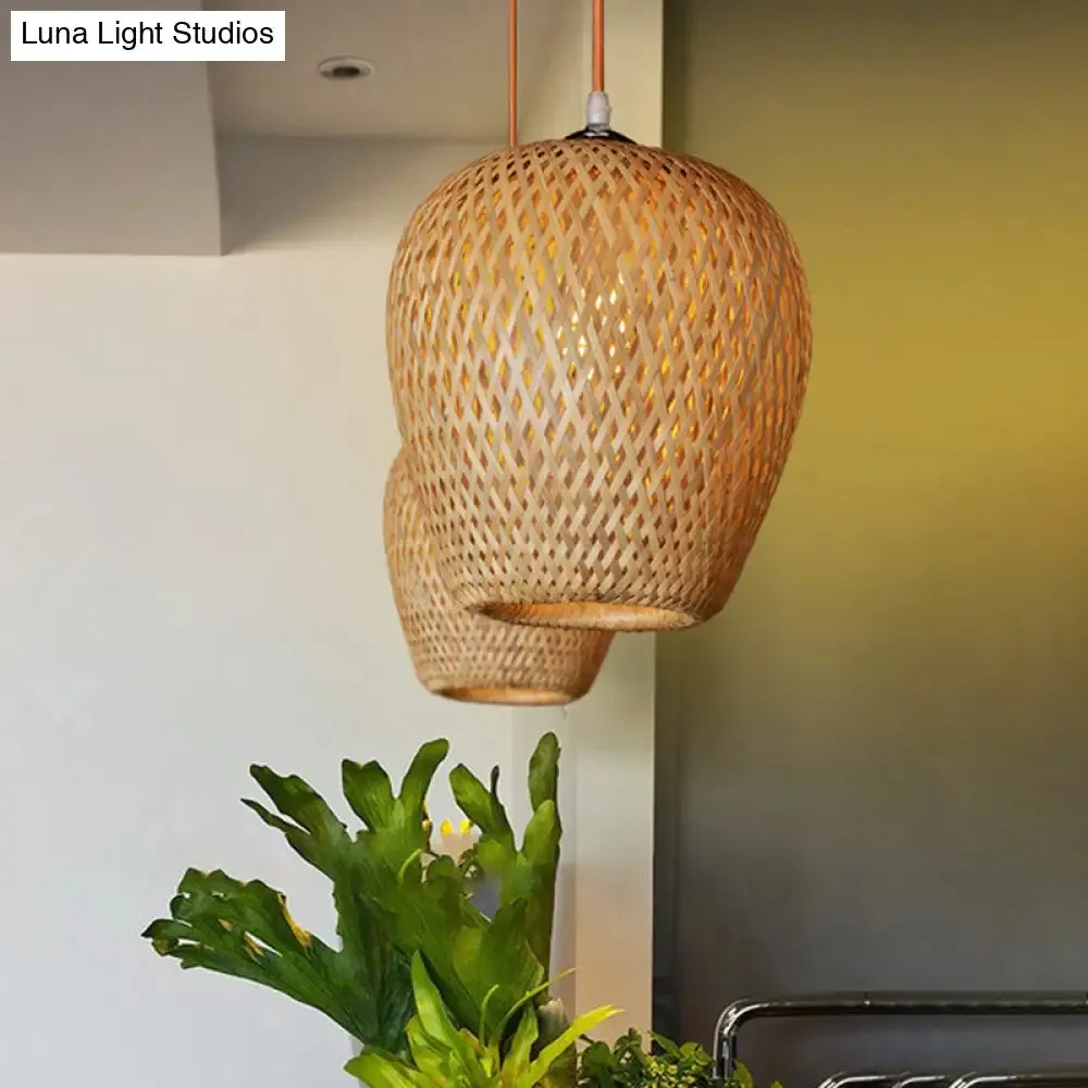 Bamboo 1-Light Pendant Lamp: Lodge Style Woven Shade, Kitchen Suspension Lighting in Yellow (9"/10" Wide)