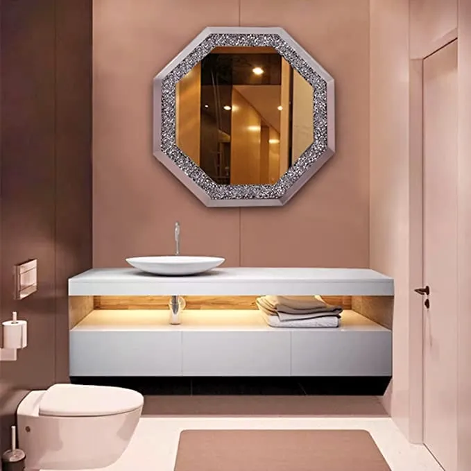 BAPIDA- Crystal Crush Diamond Hex Silver Mirror for Wall Decoration 24 inch Wall Hang Frame Less Mirror Acrylic Diamond Décor (24 in)