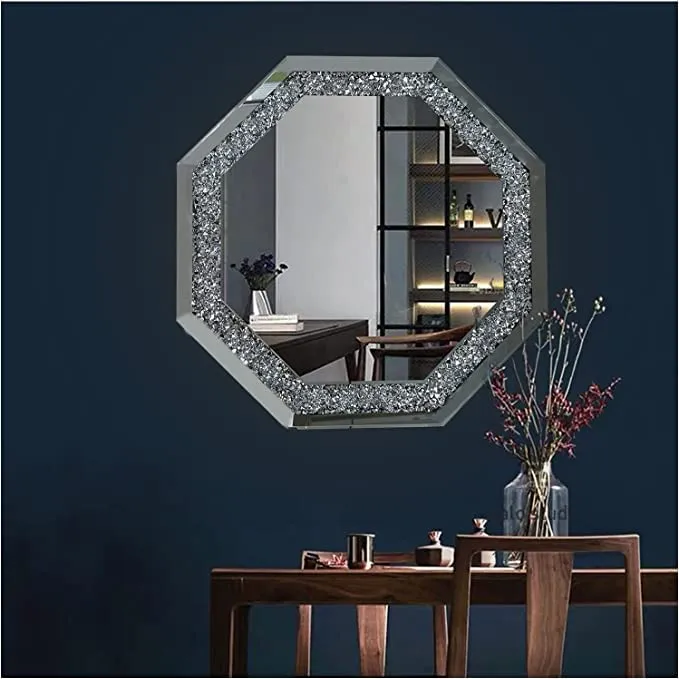 BAPIDA- Crystal Crush Diamond Hex Silver Mirror for Wall Decoration 24 inch Wall Hang Frame Less Mirror Acrylic Diamond Décor (24 in)