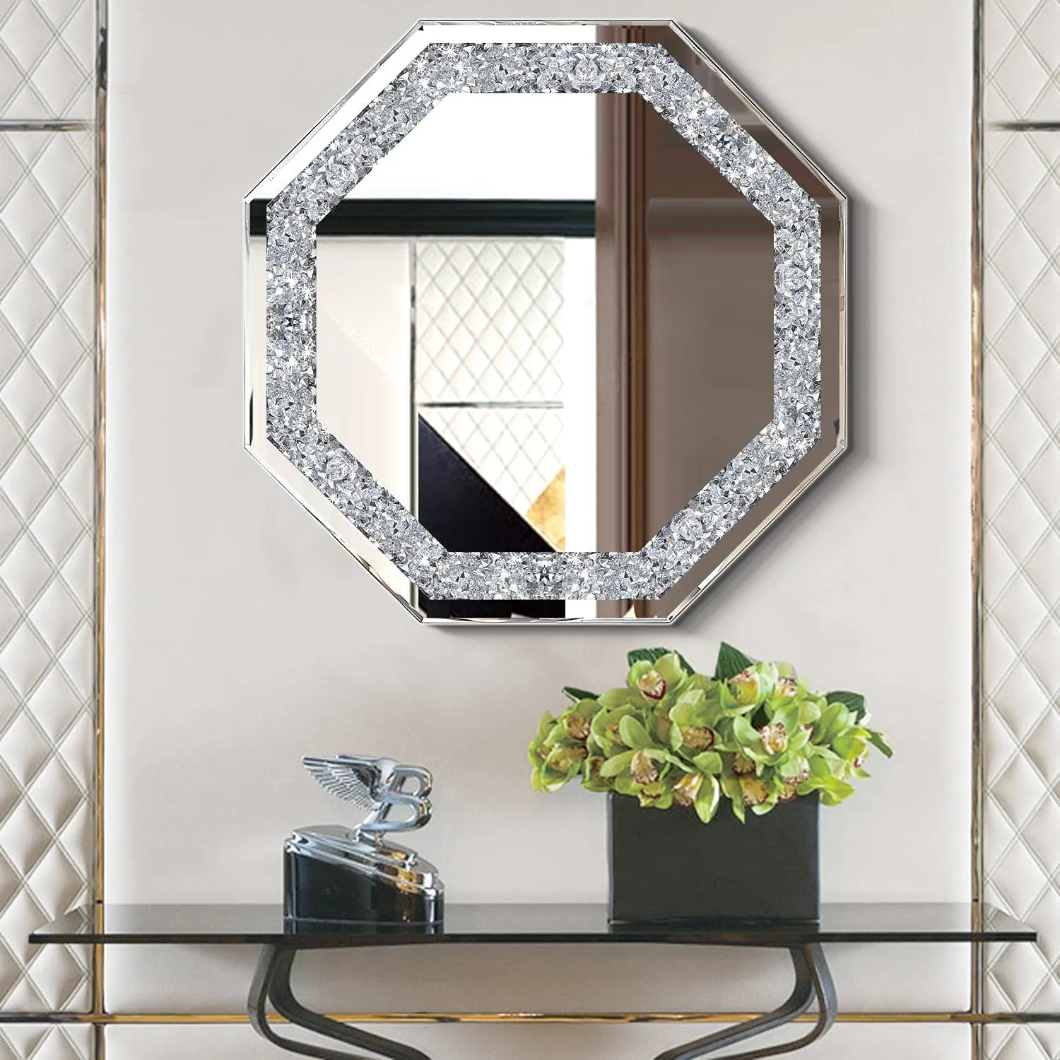BAPIDA- Crystal Crush Diamond Hex Silver Mirror for Wall Decoration 24 inch Wall Hang Frame Less Mirror Acrylic Diamond Décor (24 in)