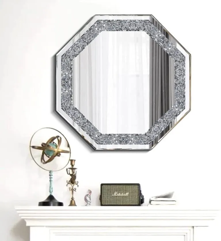 BAPIDA- Crystal Crush Diamond Hex Silver Mirror for Wall Decoration 24 inch Wall Hang Frame Less Mirror Acrylic Diamond Décor (24 in)