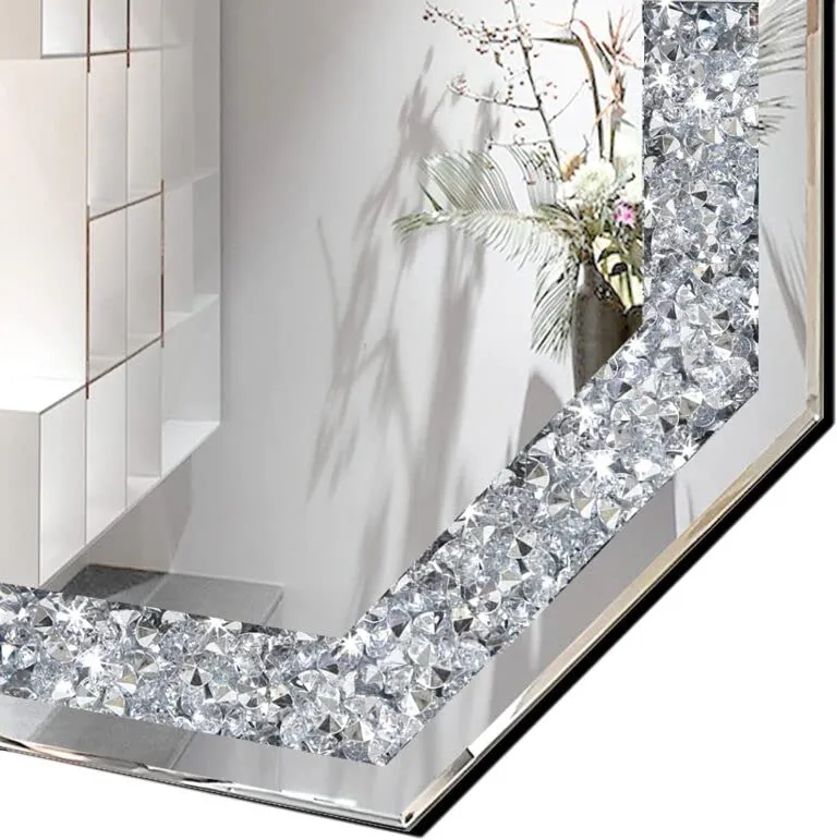 BAPIDA- Crystal Crush Diamond Hex Silver Mirror for Wall Decoration 24 inch Wall Hang Frame Less Mirror Acrylic Diamond Décor (24 in)