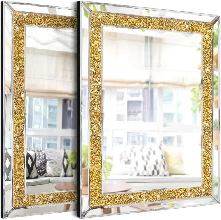 BAPIDA- Crystal Mirrors for Wall Decoration Crush Diamond Wall Mirror Rectangle Gold Sparkly Hanging Wall-Mounted Mirror Stunning Home Décor Modern Glass Art (24 x 18 Inch)