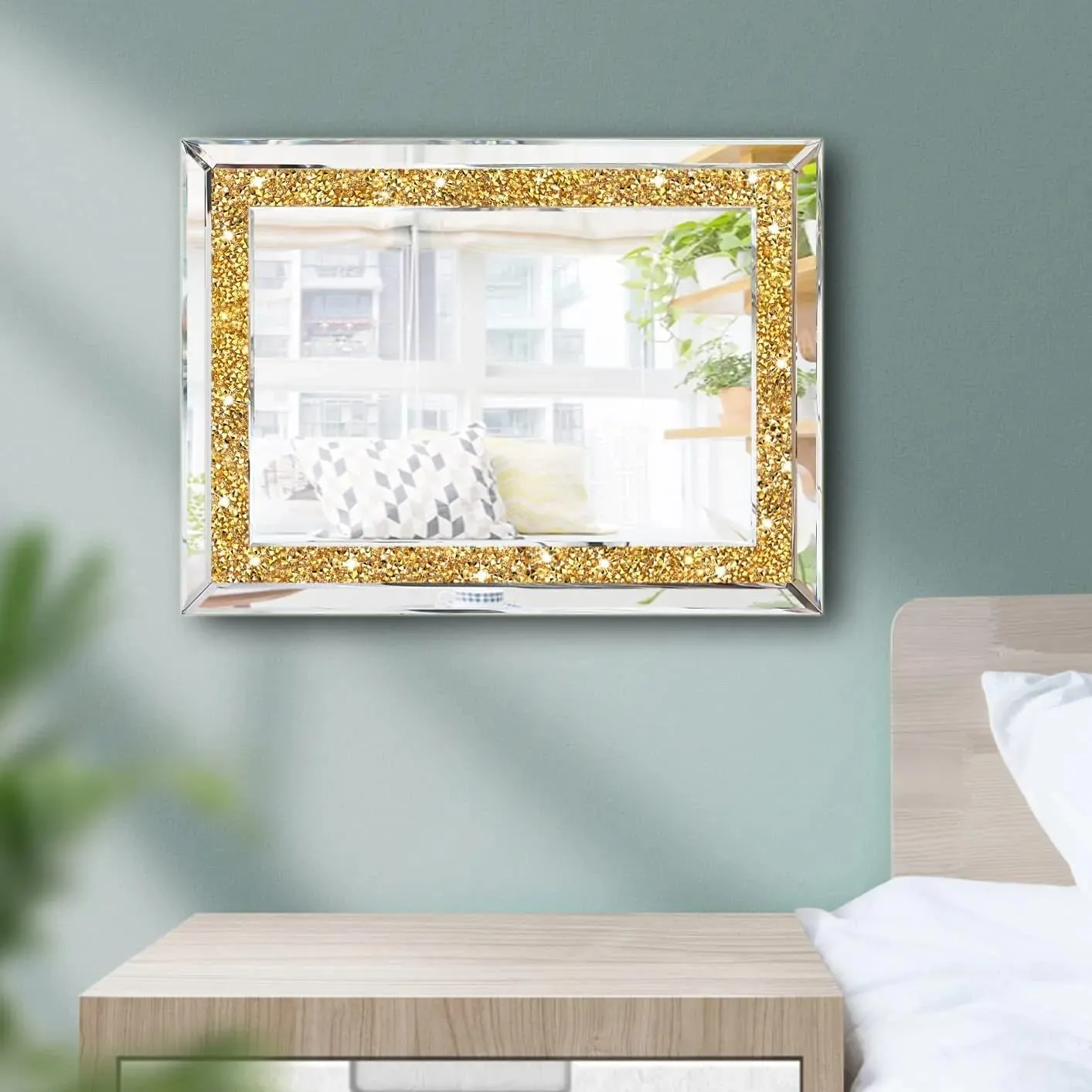 BAPIDA- Crystal Mirrors for Wall Decoration Crush Diamond Wall Mirror Rectangle Gold Sparkly Hanging Wall-Mounted Mirror Stunning Home Décor Modern Glass Art (24 x 18 Inch)