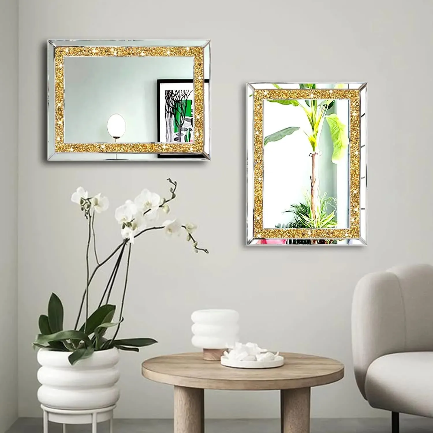 BAPIDA- Crystal Mirrors for Wall Decoration Crush Diamond Wall Mirror Rectangle Gold Sparkly Hanging Wall-Mounted Mirror Stunning Home Décor Modern Glass Art (24 x 18 Inch)