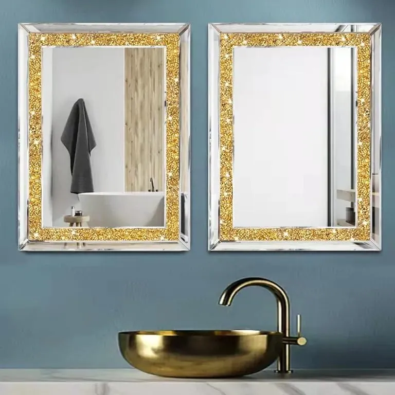 BAPIDA- Crystal Mirrors for Wall Decoration Crush Diamond Wall Mirror Rectangle Gold Sparkly Hanging Wall-Mounted Mirror Stunning Home Décor Modern Glass Art (24 x 18 Inch)