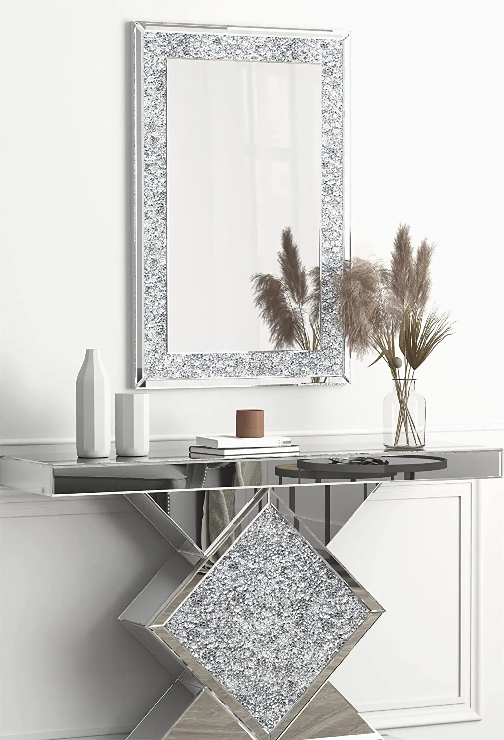 BAPIDA - Crystal Mirrors for Wall Decoration Crush Diamond Wall Mirror Rectangle Silver Sparkly Hanging Wall-Mounted Mirror Stunning Home Décor Modern Glass Art (60 x 45 cm)