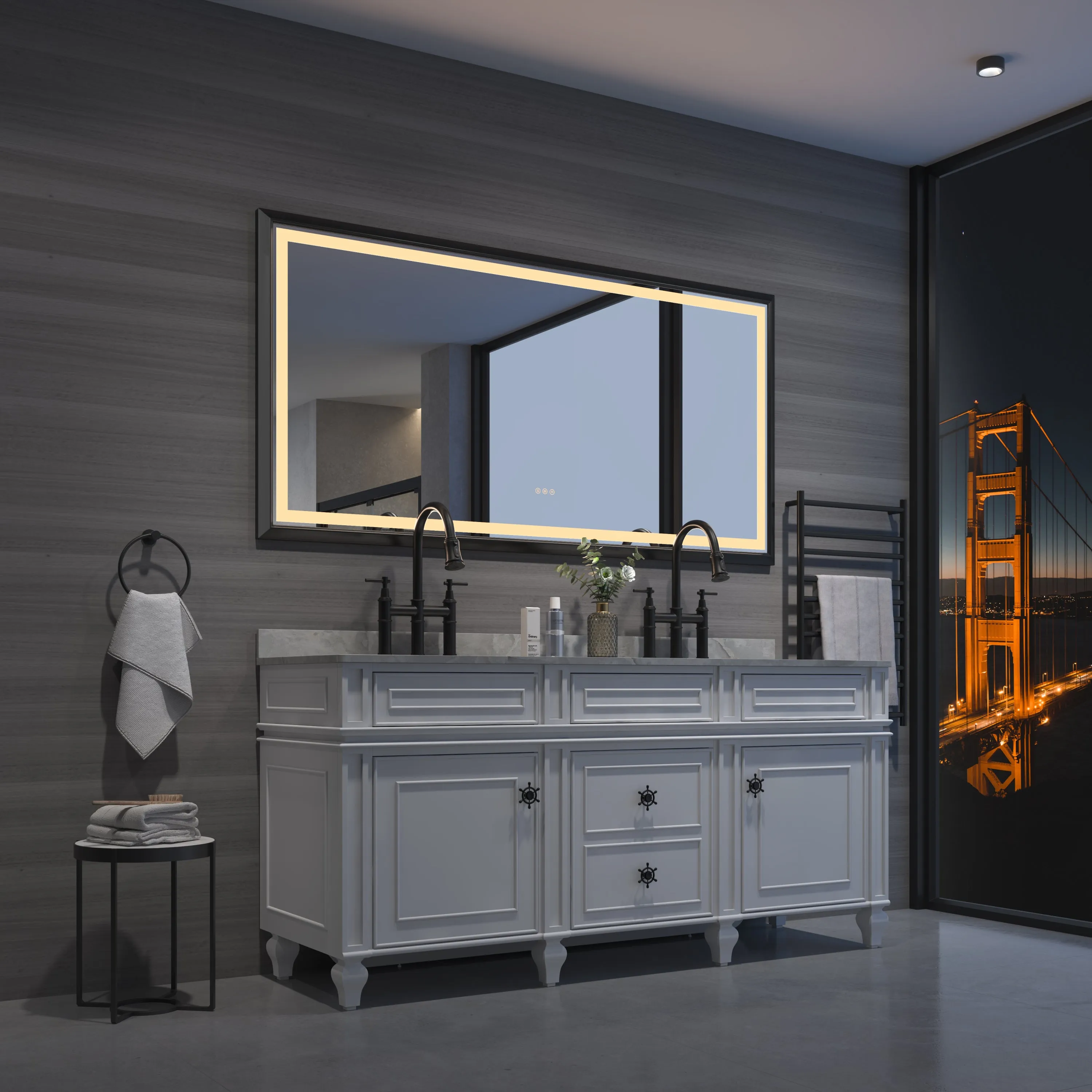 bathroom  led mirror is multi-functional and each function is controlled by a smart touch button.