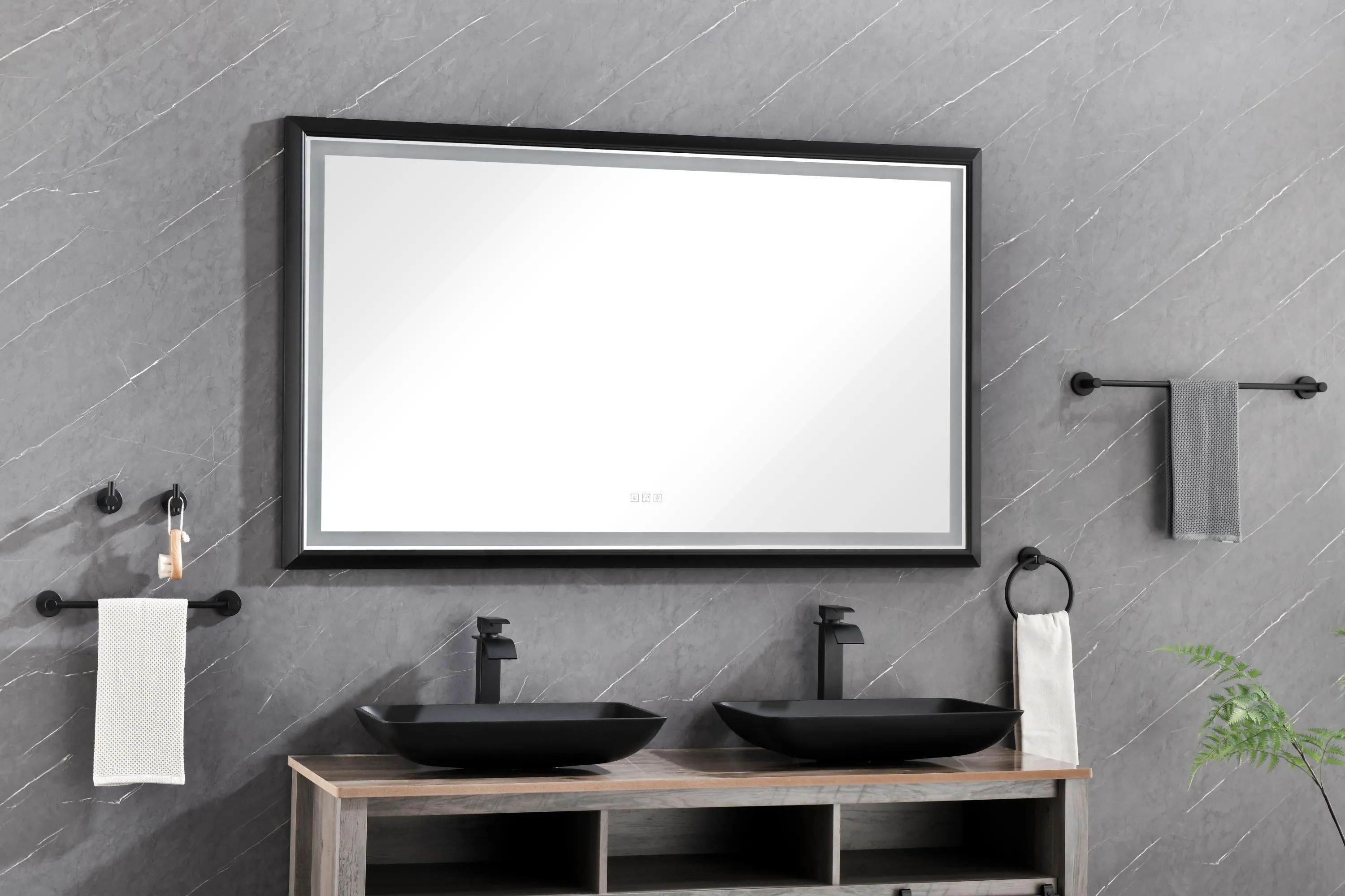 bathroom  led mirror is multi-functional and each function is controlled by a smart touch button.