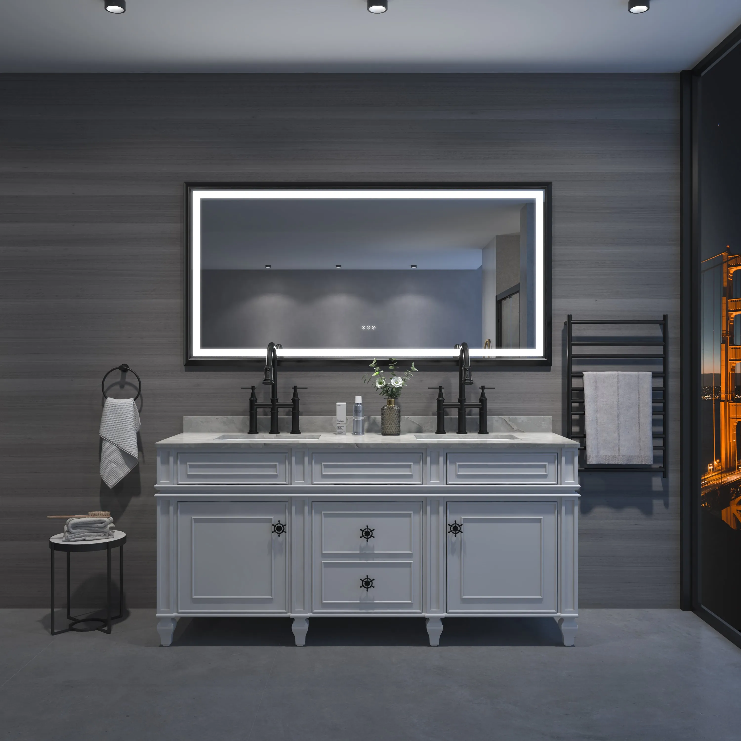 bathroom  led mirror is multi-functional and each function is controlled by a smart touch button.