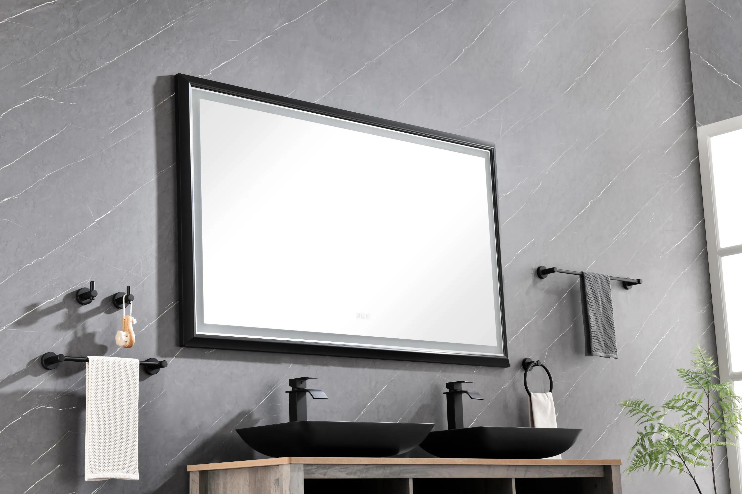 bathroom  led mirror is multi-functional and each function is controlled by a smart touch button.