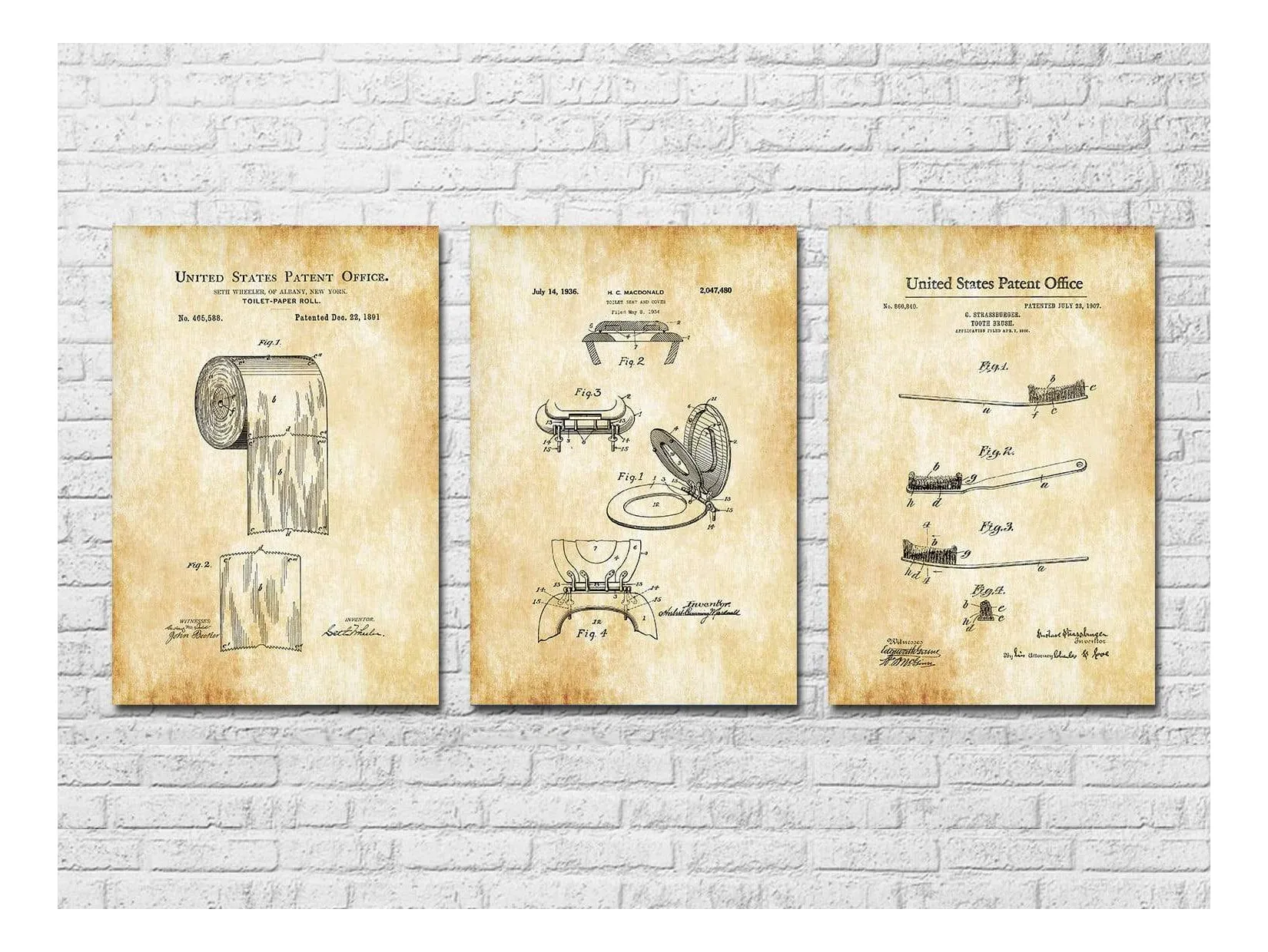 Bathroom Patent Collection of 3 - Patent Prints, Bathroom Decor, Bathroom Art, Bathroom Poster, Bathroom Sign, Toilet Art, Restroom Decor