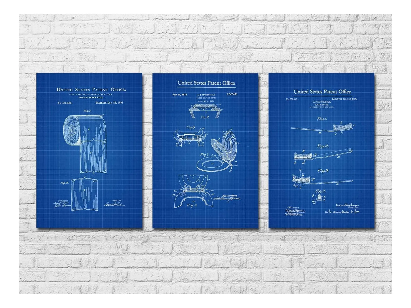Bathroom Patent Collection of 3 - Patent Prints, Bathroom Decor, Bathroom Art, Bathroom Poster, Bathroom Sign, Toilet Art, Restroom Decor