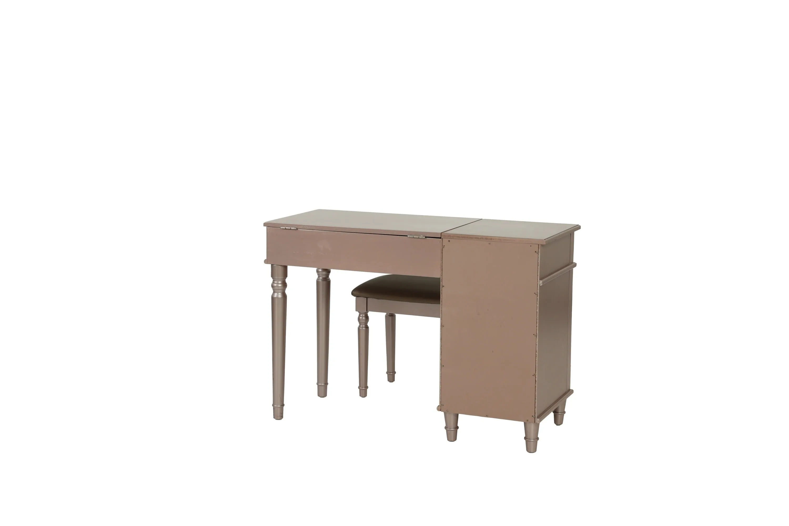 Bedroom Vanity Set w Stool Open Up Mirror Storage Space Drawers Rubber wood Ring Pull Handles Rose Gold Color Vanity