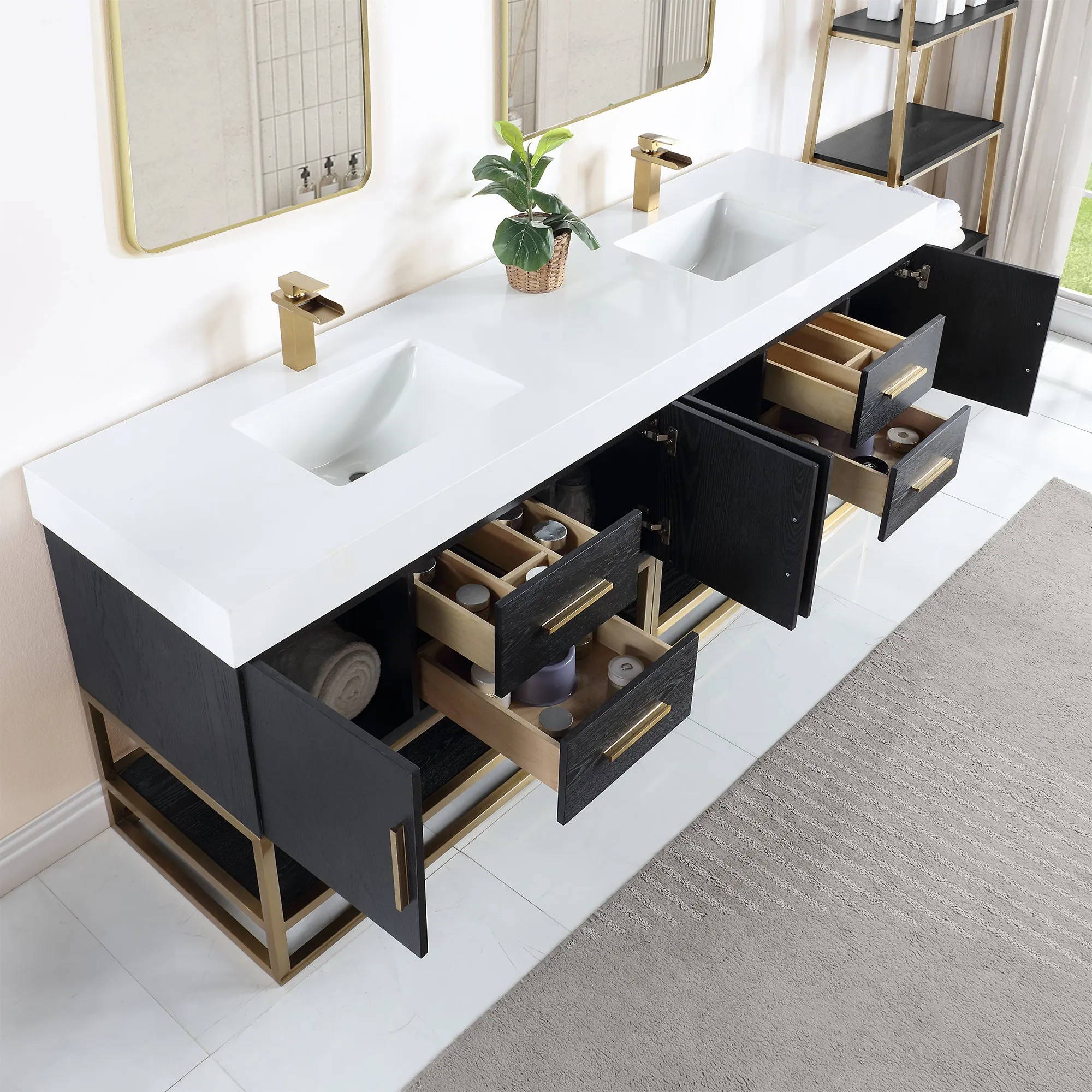Bianco 72"/84" Double Bathroom Vanity in Black Oak with Engineered Stone Countertop