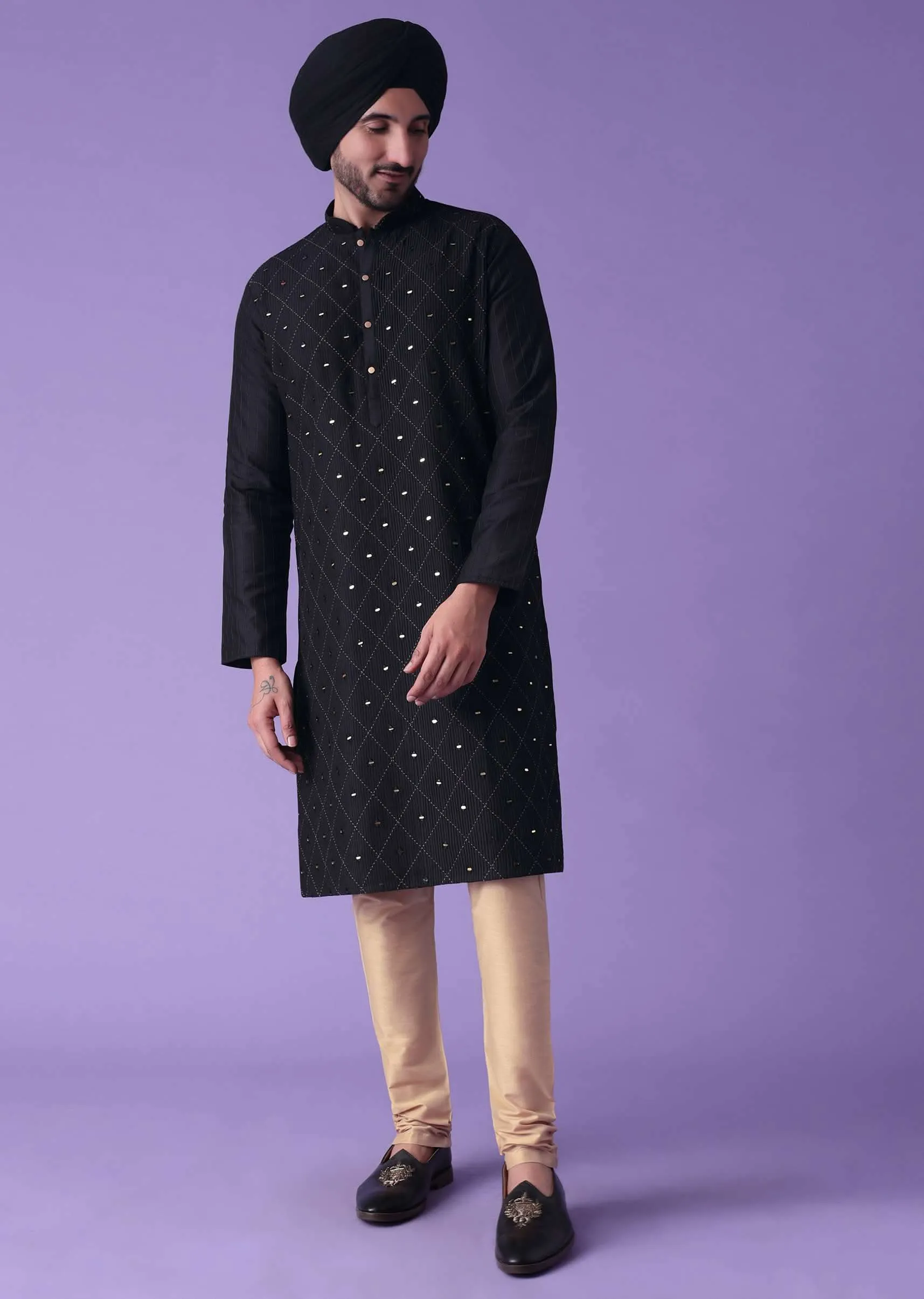 Black Cotton Silk Kurta With Mirror Work Embroidery
