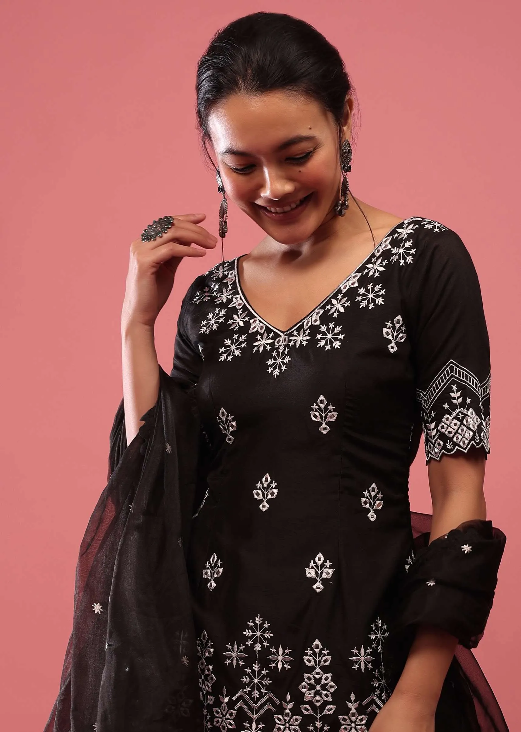 Black Lucknowi Sharara Suit In Cotton With Embroidery