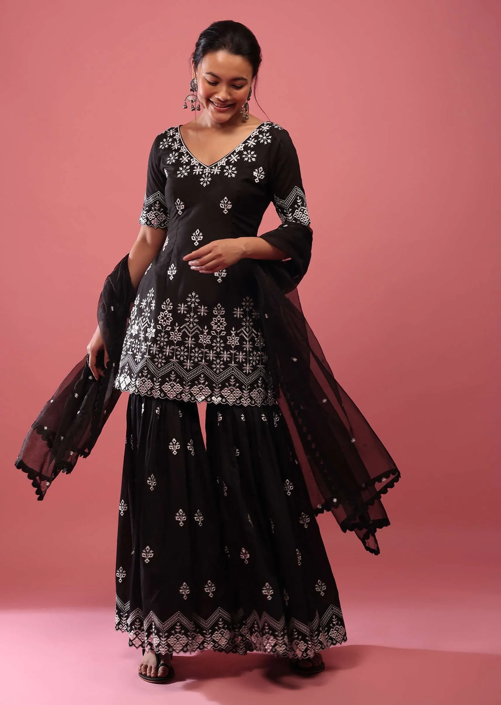Black Lucknowi Sharara Suit In Cotton With Embroidery