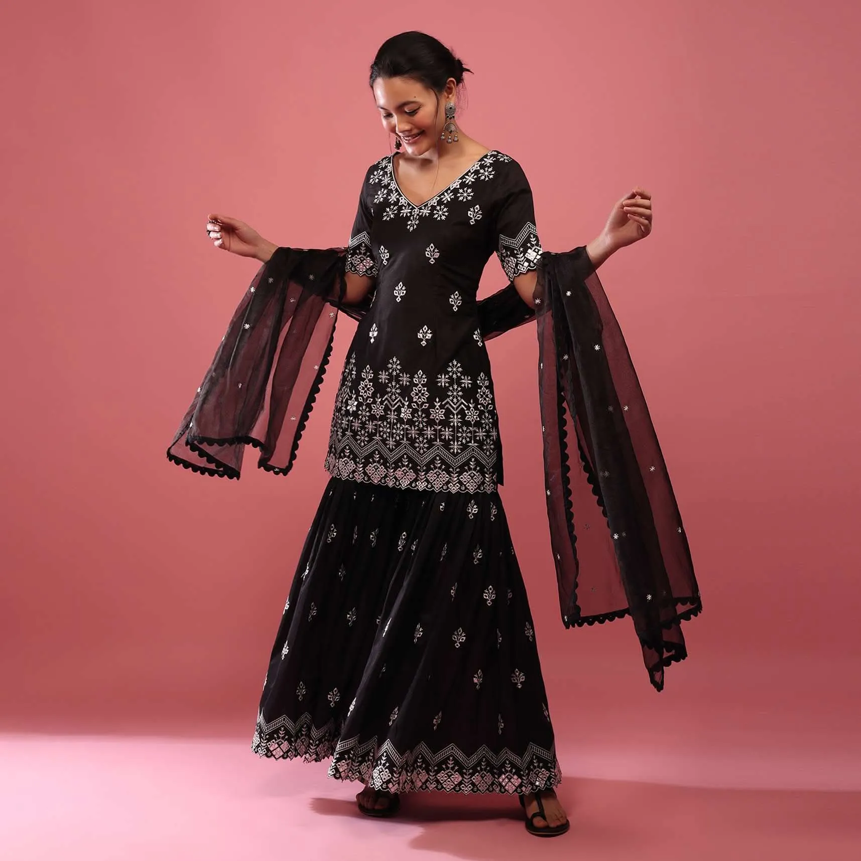 Black Lucknowi Sharara Suit In Cotton With Embroidery