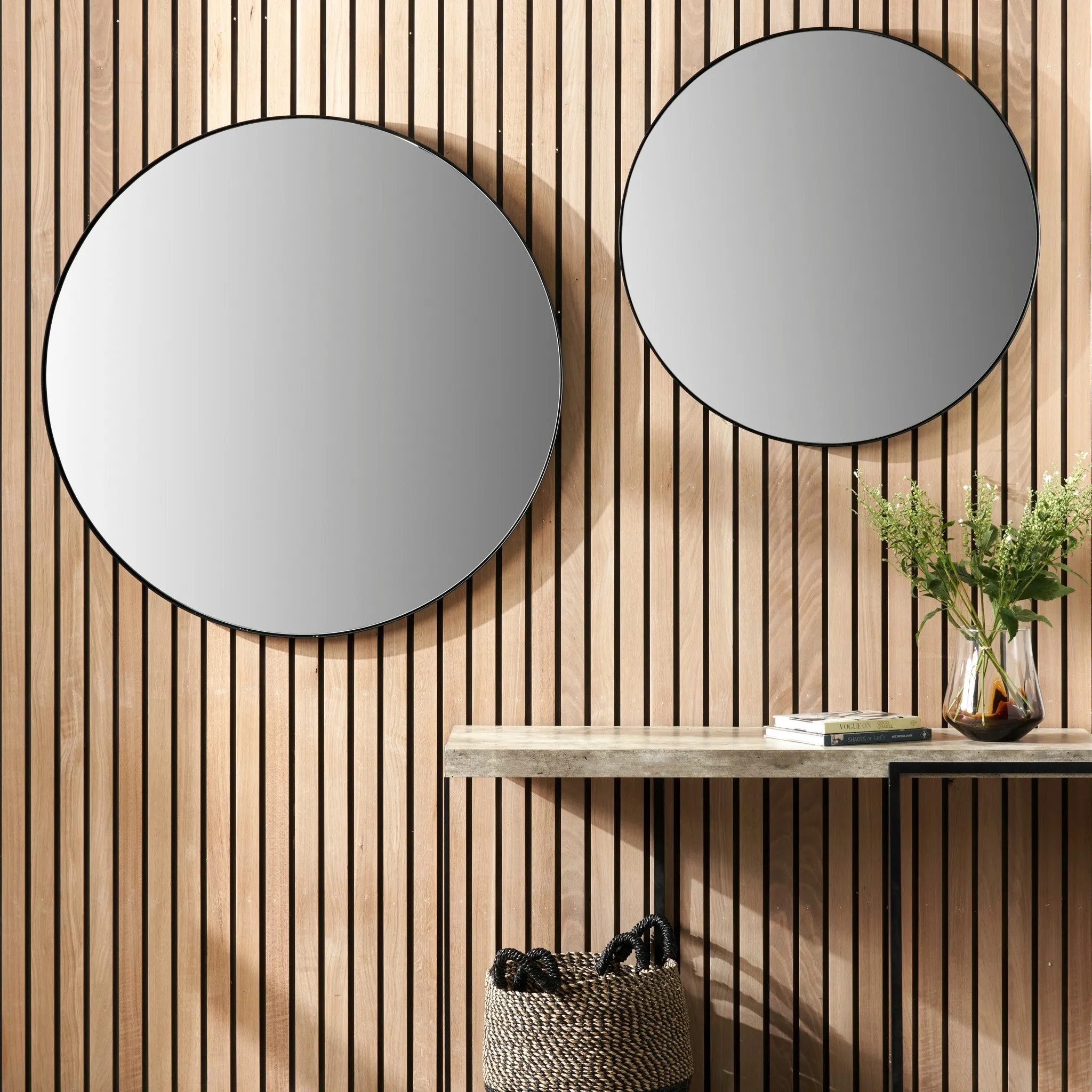 Black Metal Slim Frame Round Wall Mirror Large