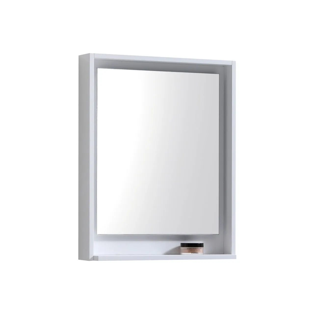BLISS- 24" Gloss White, Mirror With Wood Trim and Bottom Shelf
