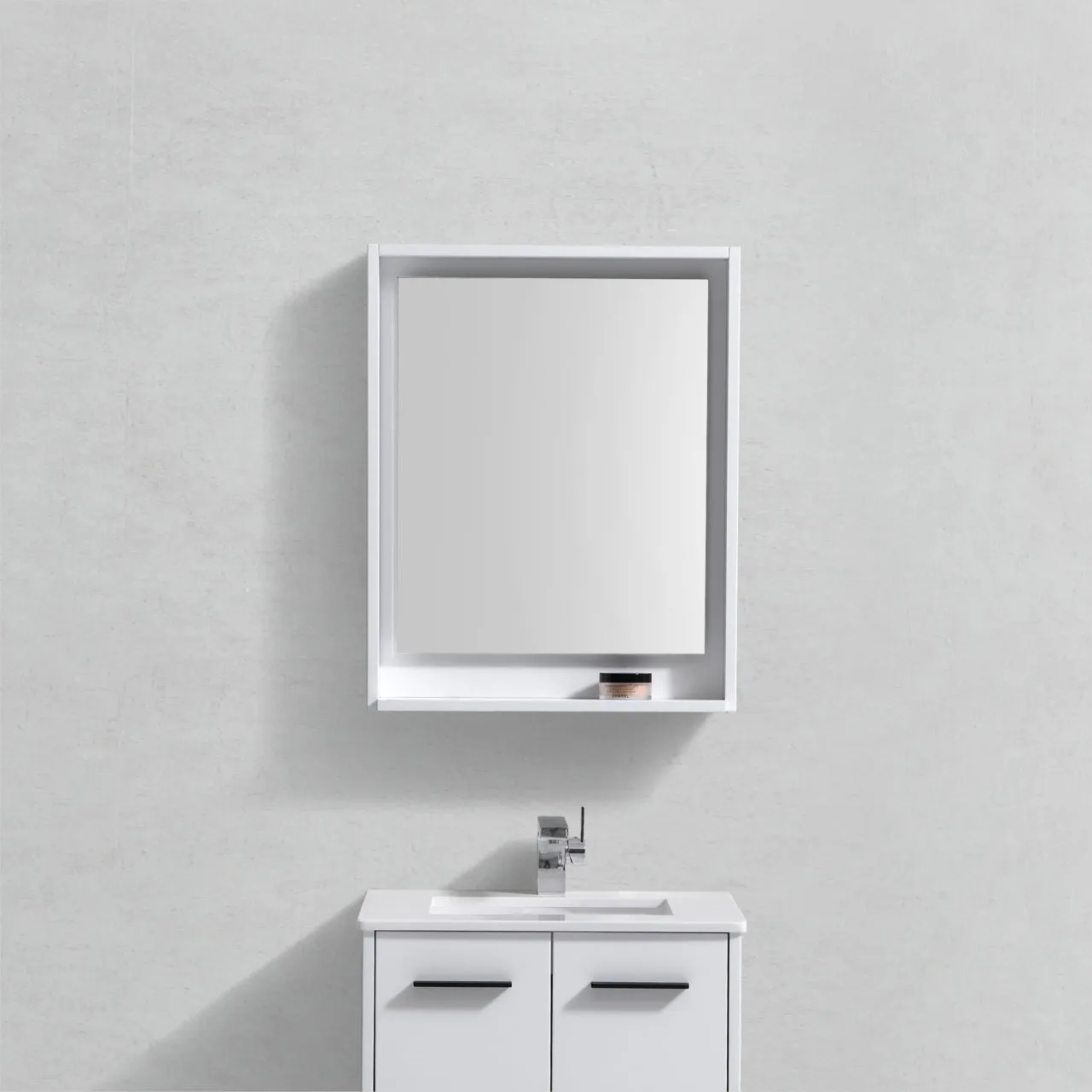 BLISS- 24" Gloss White, Mirror With Wood Trim and Bottom Shelf