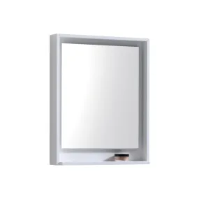 BLISS- 24" Gloss White, Mirror With Wood Trim and Bottom Shelf