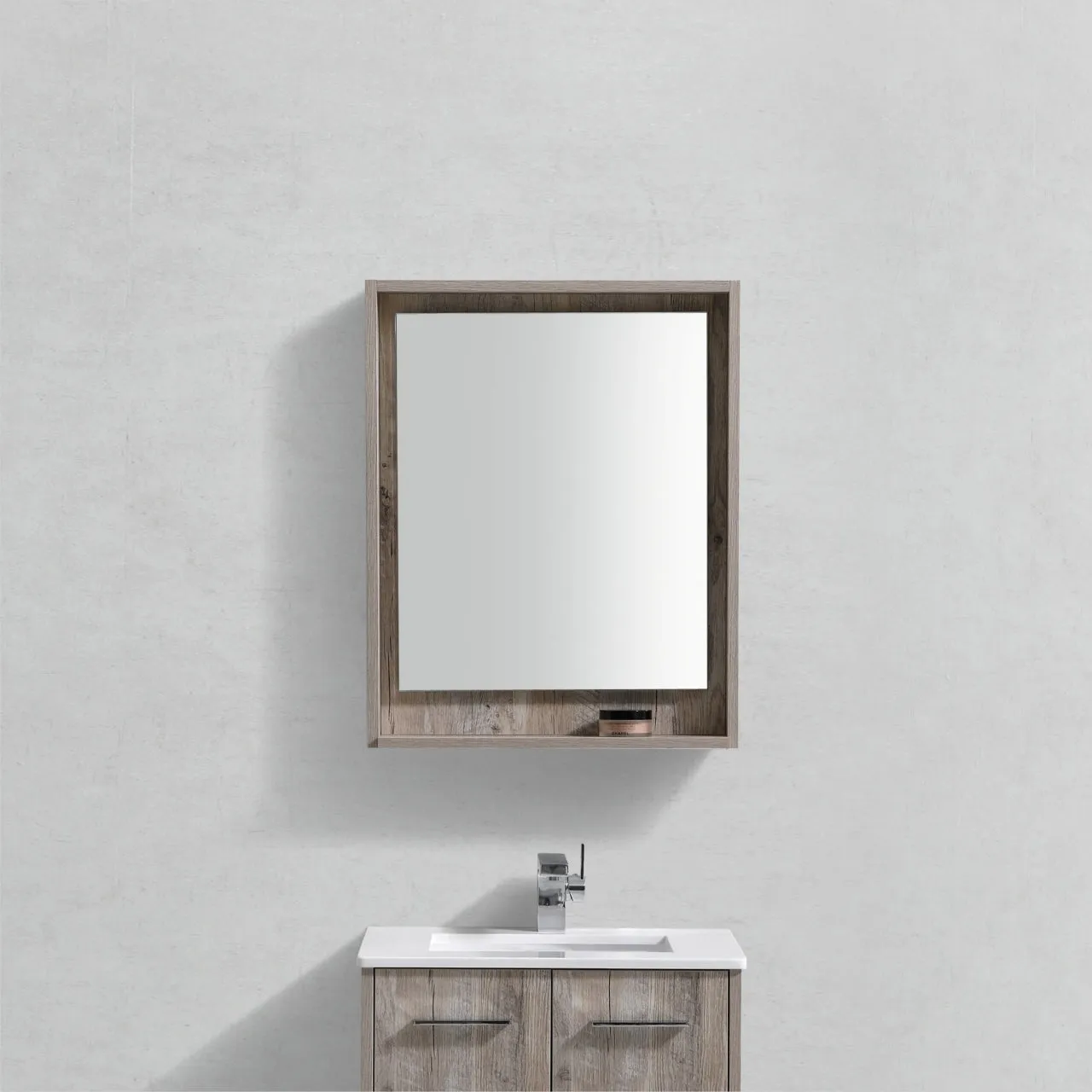 BLISS- 24" Nature Wood, Mirror with wood trim and bottom Shelf