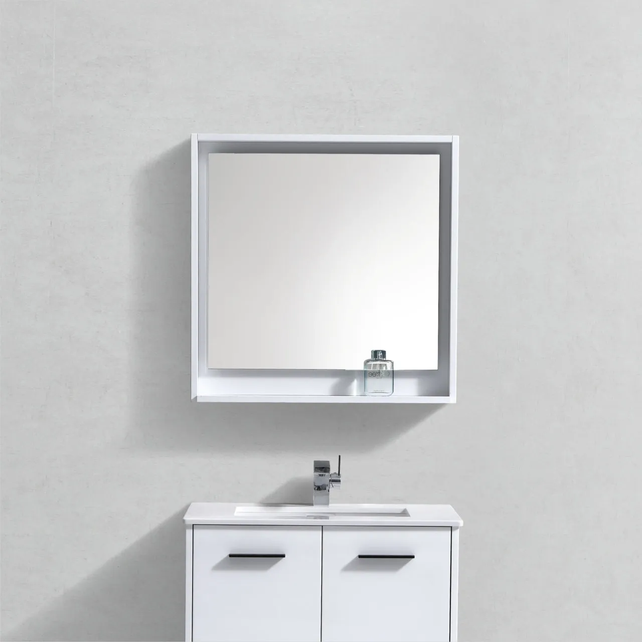 BLISS- 30" Gloss White, Wood Frame Mirror With Bottom Shelf