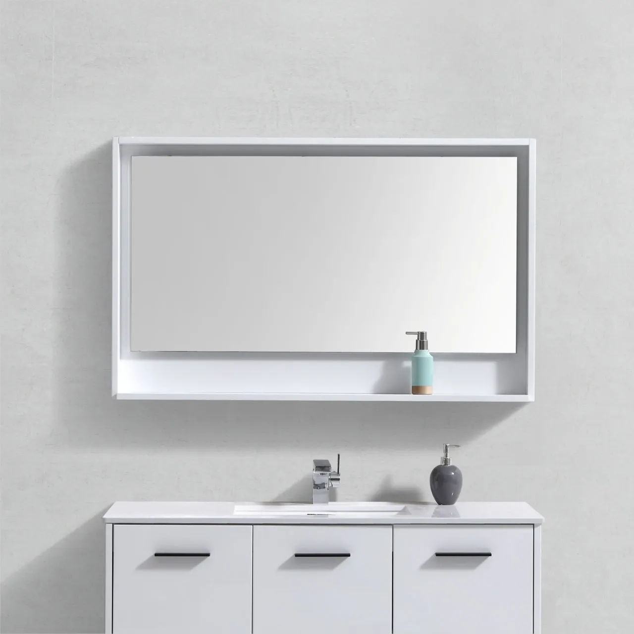 BLISS- 48" Gloss White, Mirror With Wood Frame and Bottom Shelf