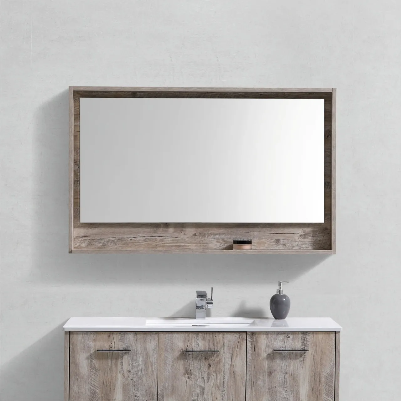 BLISS- 48" Nature Wood, Mirror With Wood Frame and Bottom Shelf