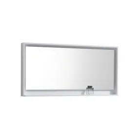 BLISS- 60" Gloss White, Mirror With Wood Frame and Bottom Shelf
