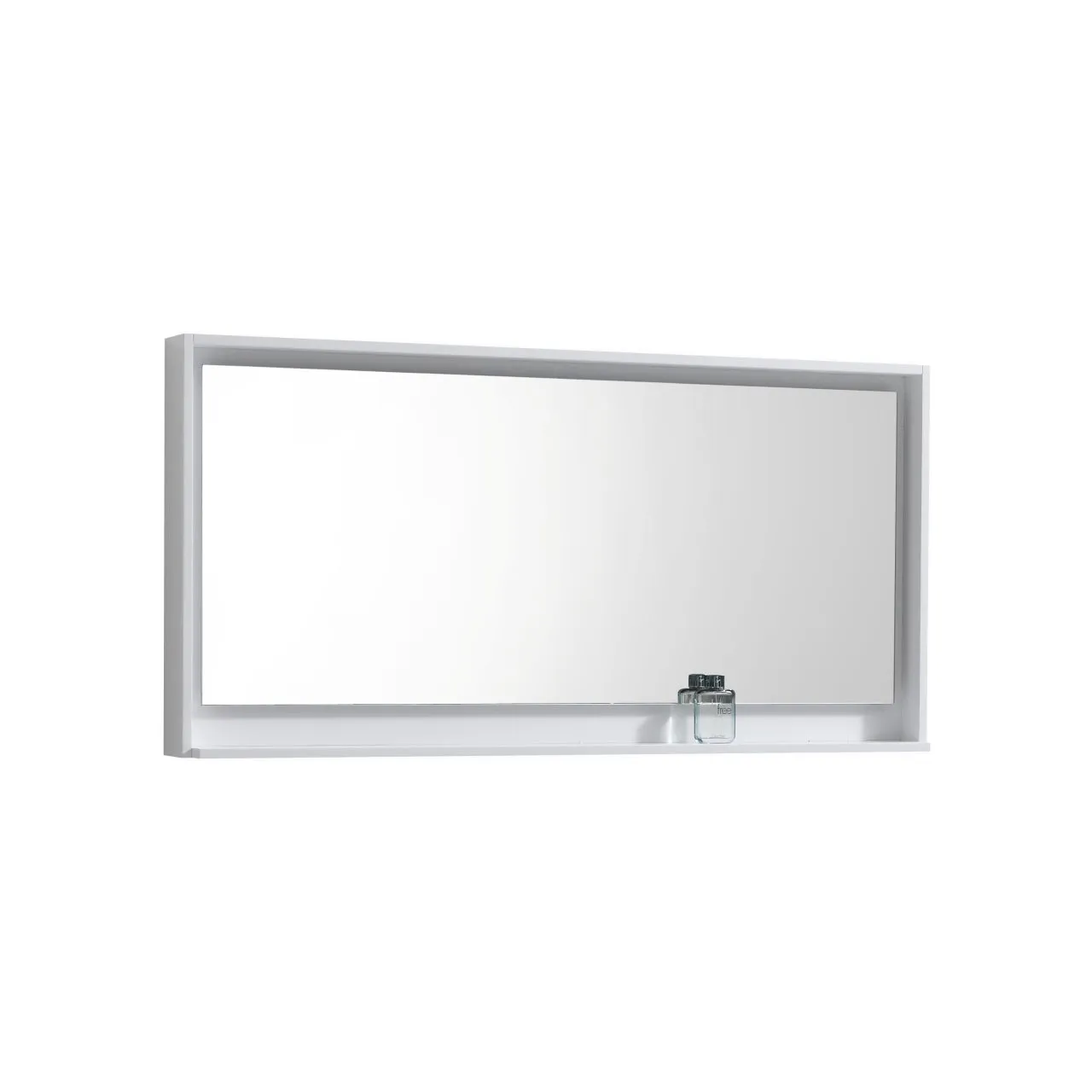 BLISS- 60" Gloss White, Mirror With Wood Frame and Bottom Shelf