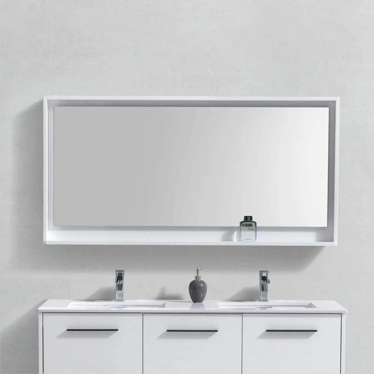 BLISS- 60" Gloss White, Mirror With Wood Frame and Bottom Shelf