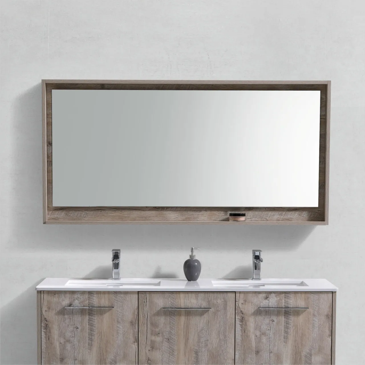 BLISS- 60" Nature Wood, Mirror With Wood Frame and Bottom Shelf
