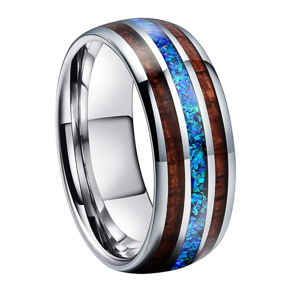 Blue Opal & Koa Wood Silver Tungsten Ring (8mm)