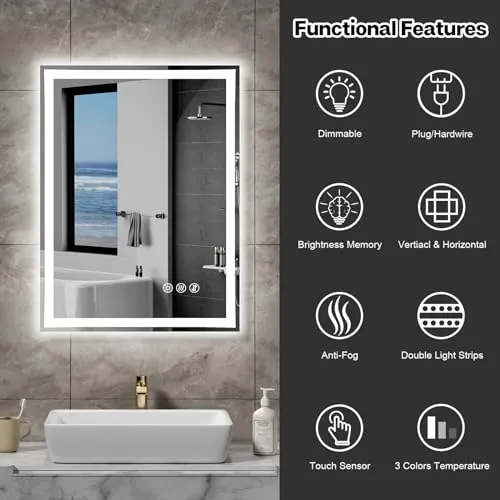 Bold Monkey 20X28 LED Bathroom Mirror with Lights, Anti-Fog, Dimmable, Backlit & Front Lit, Lighted Bathroom Vanity Mirror for Wall, Memory Function, Tempered Glass, Shatter-Proof