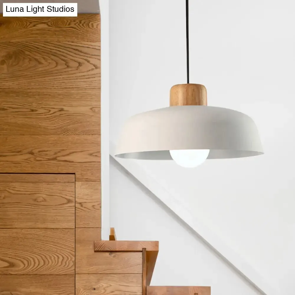 Bowl Shaped Hanging Fixture Nordic Style Black/White Metal and Wood Pendant Lighting with Adjustable Cord