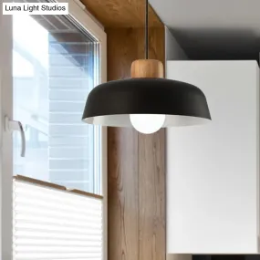 Bowl Shaped Hanging Fixture Nordic Style Black/White Metal and Wood Pendant Lighting with Adjustable Cord