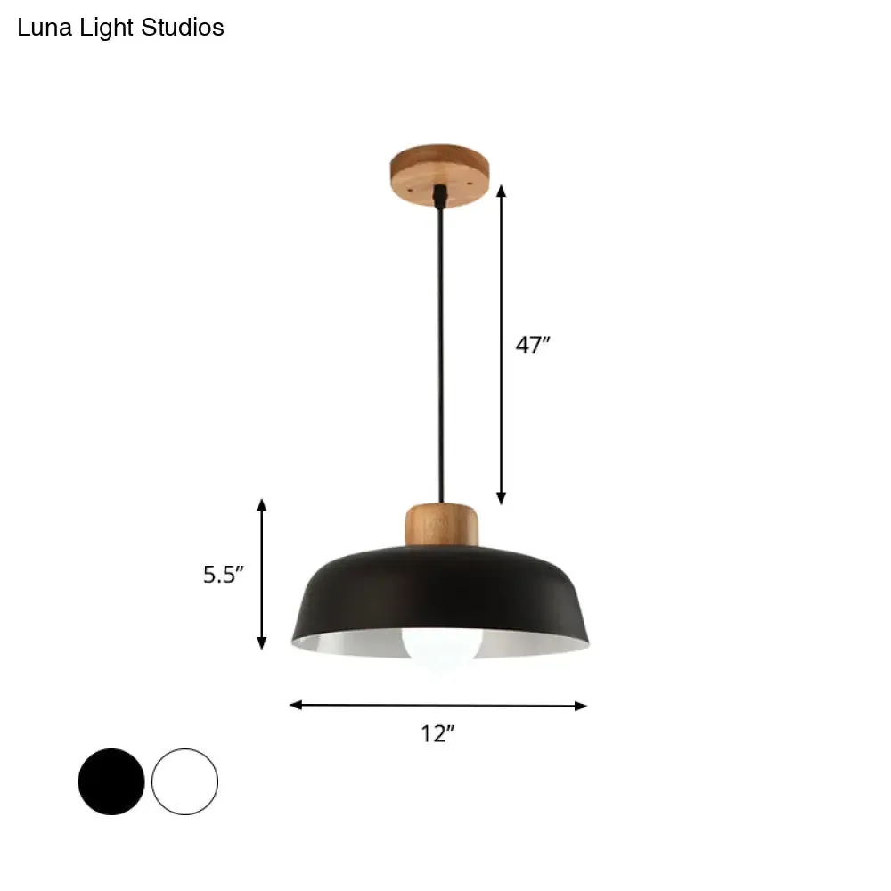Bowl Shaped Hanging Fixture Nordic Style Black/White Metal and Wood Pendant Lighting with Adjustable Cord