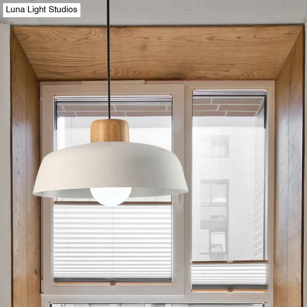 Bowl Shaped Hanging Fixture Nordic Style Black/White Metal and Wood Pendant Lighting with Adjustable Cord