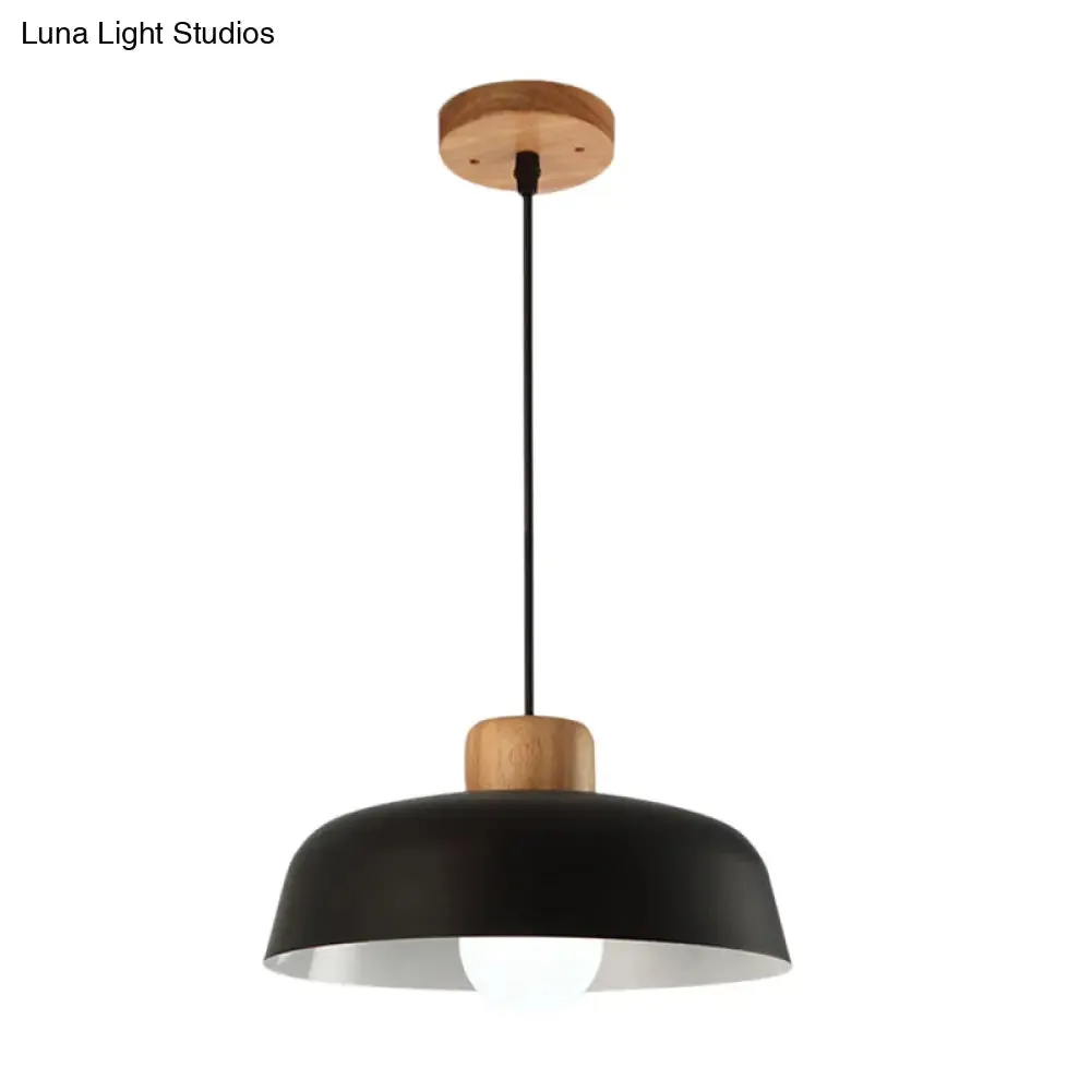 Bowl Shaped Hanging Fixture Nordic Style Black/White Metal and Wood Pendant Lighting with Adjustable Cord